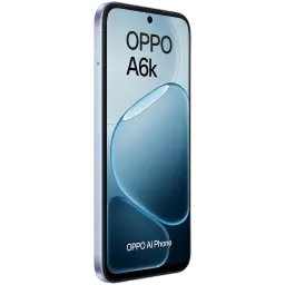 OPPO A6k bleu avec écran bord à bord perforé au centre, bords fins argentés, profil mince et reflets dégradés bleus sur la façade