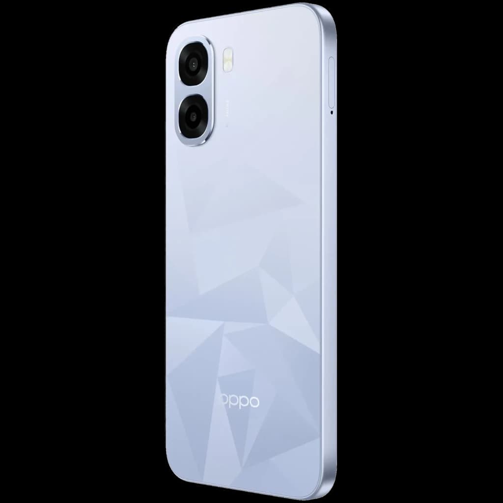 OPPO A6k bleu avec dos géométrique brillant, double module photo 50 Mpx proéminent, bords arrondis et cadre fin argenté, bouton latéral discret