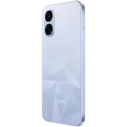OPPO A6k bleu avec dos géométrique brillant, double module photo 50 Mpx proéminent, bords arrondis et cadre fin argenté, bouton latéral discret