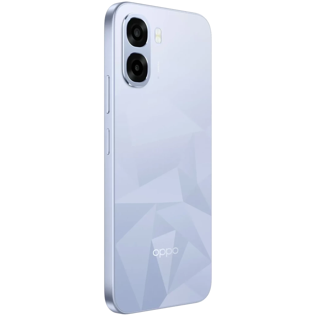 OPPO A6k azul com tela ampla de bordas finas, câmera dupla traseira saliente e acabamento geométrico brilhante; frontal com furo central para câmera - Item5