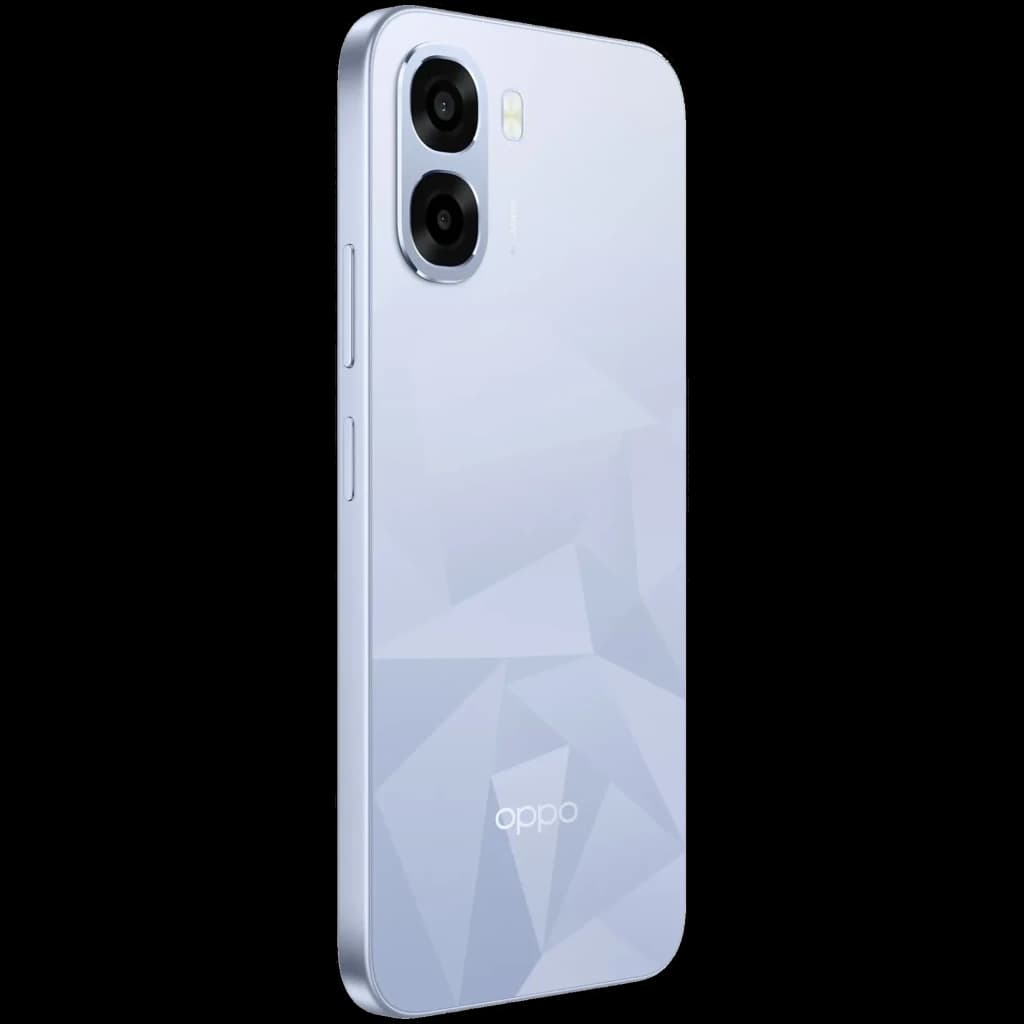 OPPO A6k bleu avec dos géométrique brillant, double module photo arrondi, bords plats métallisés, design fin et élégant