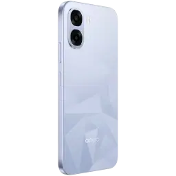 OPPO A6k bleu avec dos géométrique brillant, double module photo arrondi, bords plats métallisés, design fin et élégant