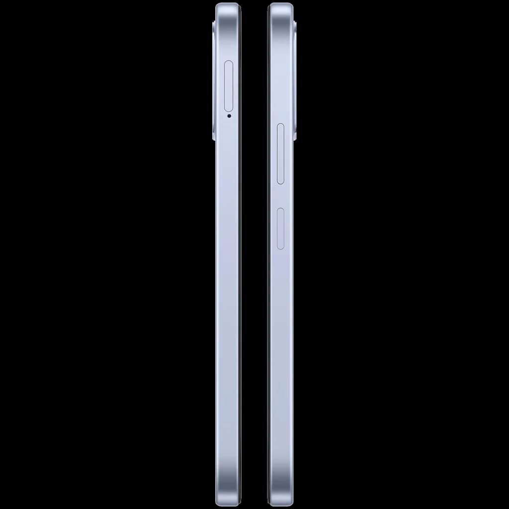 OPPO A6k bleu, tranche latérale fine en aluminium, bords plats, boutons volume et alimentation visibles, module photo arrière proéminent, design épuré