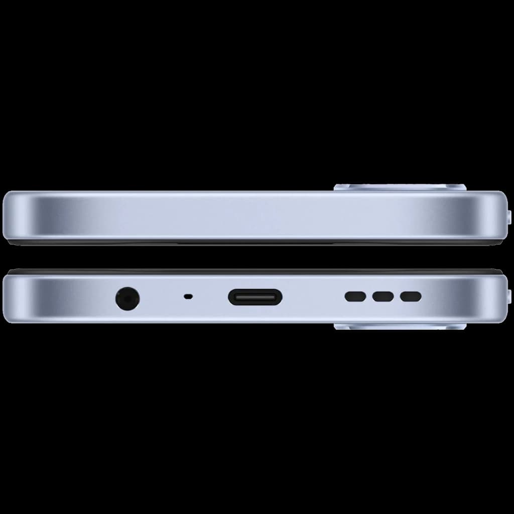 OPPO A6k bleu, tranches plates aluminium, port USB‑C centré, prise jack 3,5 mm, grilles haut‑parleur, module photo proéminent, finition mate élégante
