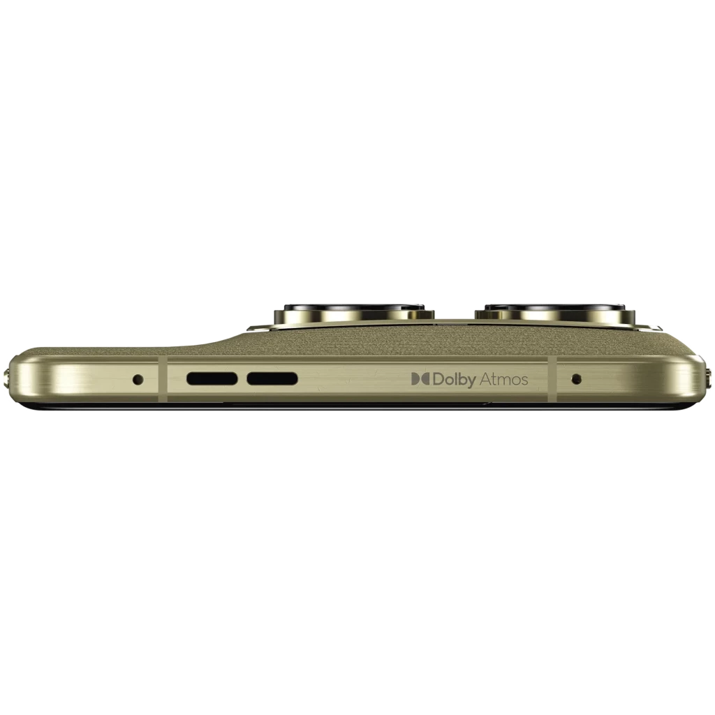 Smartphone Motorola Signature 5G vert Martini Olive, dos texturé, module photo quadruple proéminent, écran AMOLED bord à bord avec poinçon central et logo - Ítem10