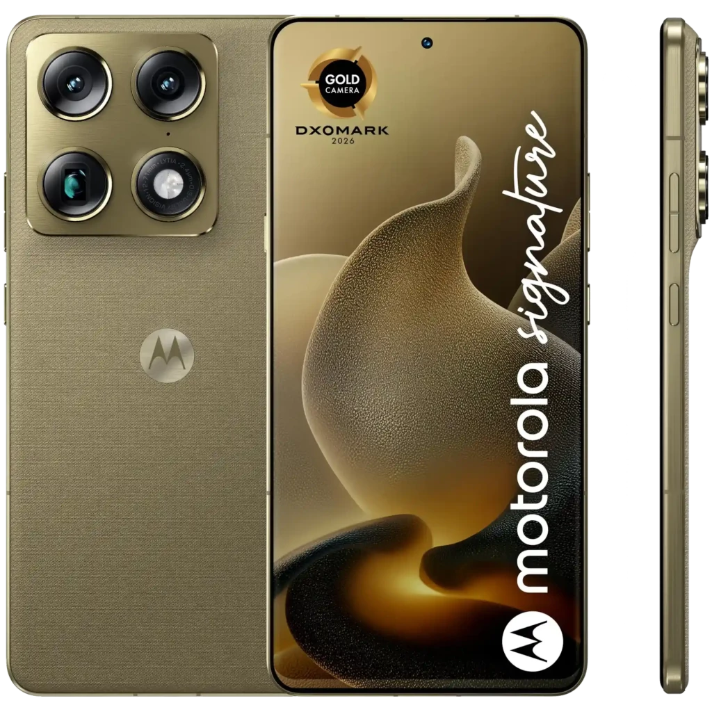 Smartphone Motorola Signature 5G vert Martini Olive, dos texturé, module photo quadruple proéminent, écran AMOLED bord à bord avec poinçon central et logo - Ítem1