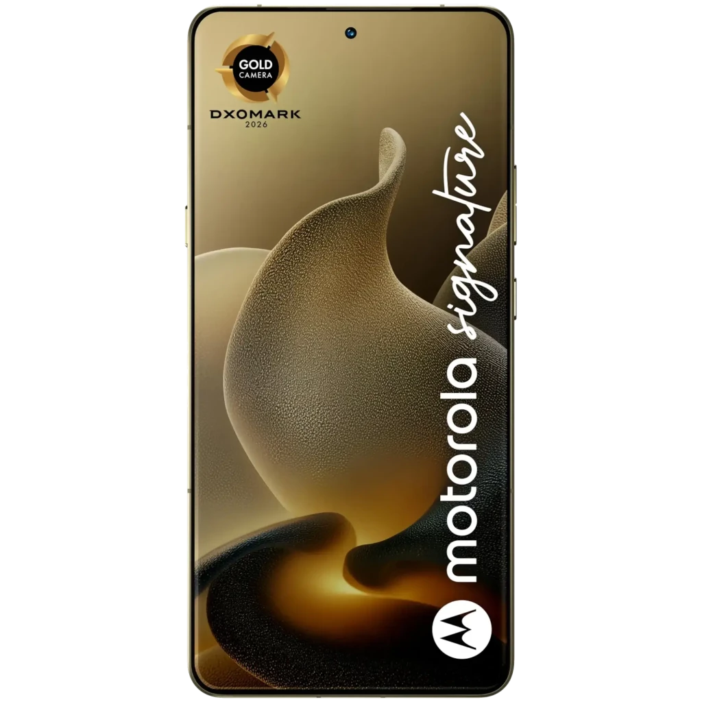 Smartphone Motorola Signature 5G vert Martini Olive, dos texturé, module photo quadruple proéminent, écran AMOLED bord à bord avec poinçon central et logo - Ítem2