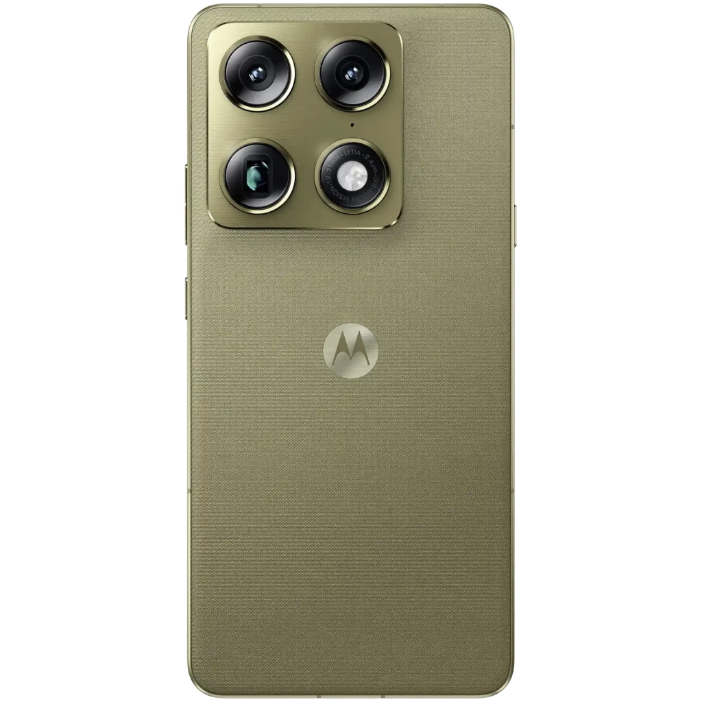 Smartphone Motorola Signature 5G vert Martini Olive, dos texturé, module photo quadruple proéminent, écran AMOLED bord à bord avec poinçon central et logo - Ítem3