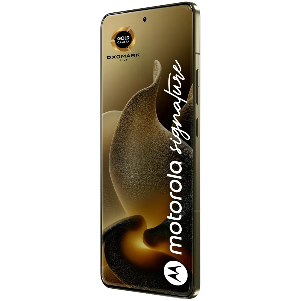 Smartphone Motorola Signature 5G vert Martini Olive, dos texturé, module photo quadruple proéminent, écran AMOLED bord à bord avec poinçon central et logo - Ítem4