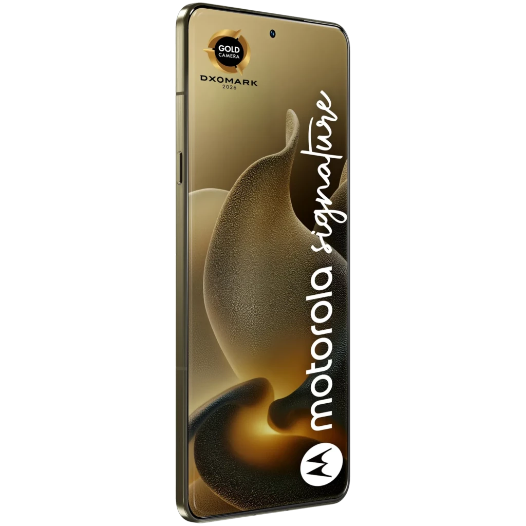 Smartphone Motorola Signature 5G vert Martini Olive, dos texturé, module photo quadruple proéminent, écran AMOLED bord à bord avec poinçon central et logo - Ítem5