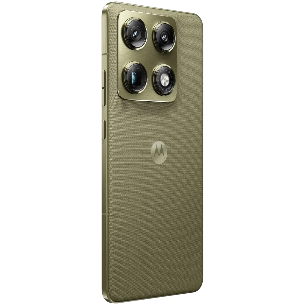 Smartphone Motorola Signature 5G vert Martini Olive, dos texturé, module photo quadruple proéminent, écran AMOLED bord à bord avec poinçon central et logo - Ítem7