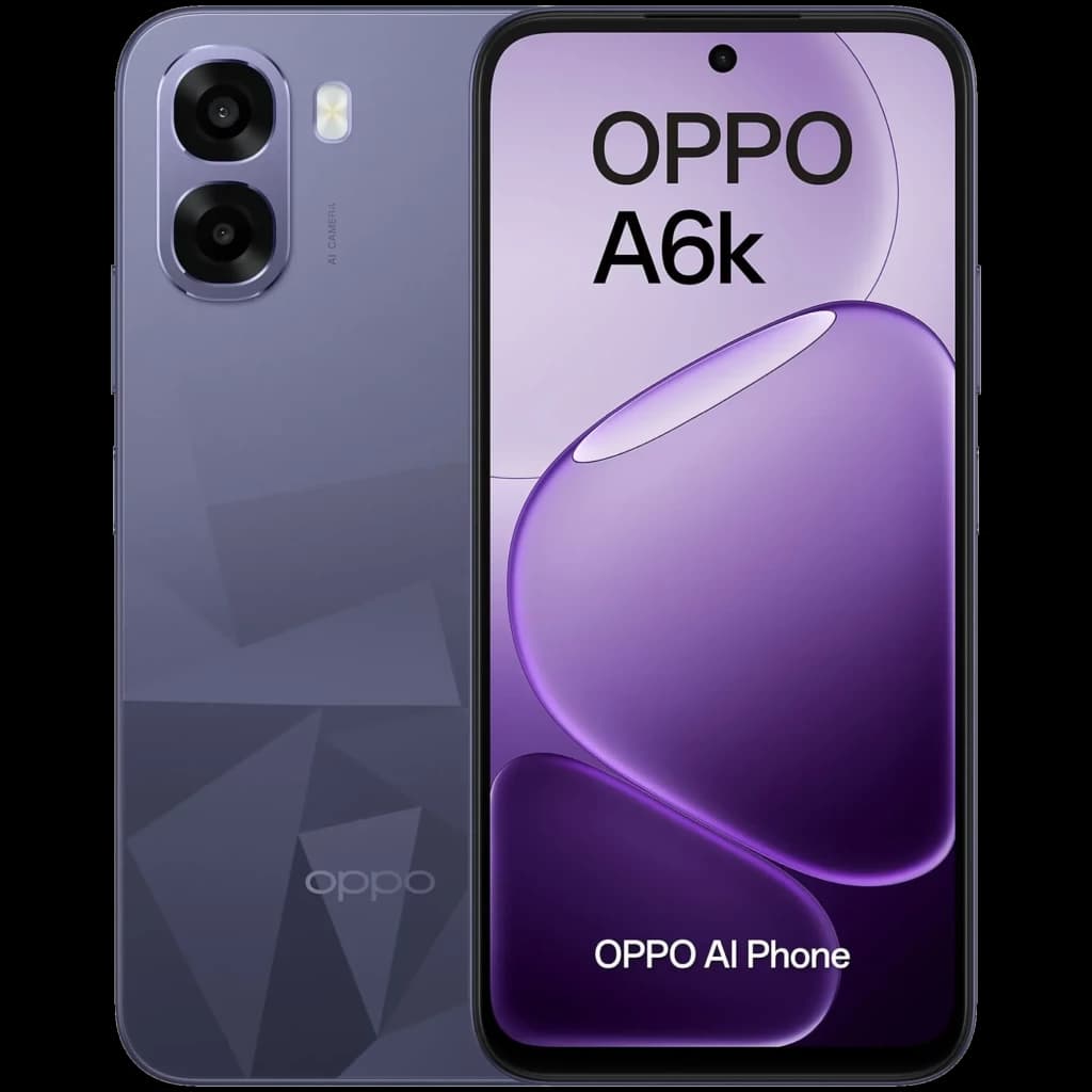 OPPO A6k noir avec écran LCD 6,75 pouces bord fin, double module photo arrière proéminent, façade perforée centrée, design géométrique mat élégant
