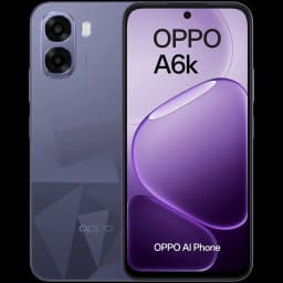 OPPO A6k noir avec écran LCD 6,75 pouces bord fin, double module photo arrière proéminent, façade perforée centrée, design géométrique mat élégant