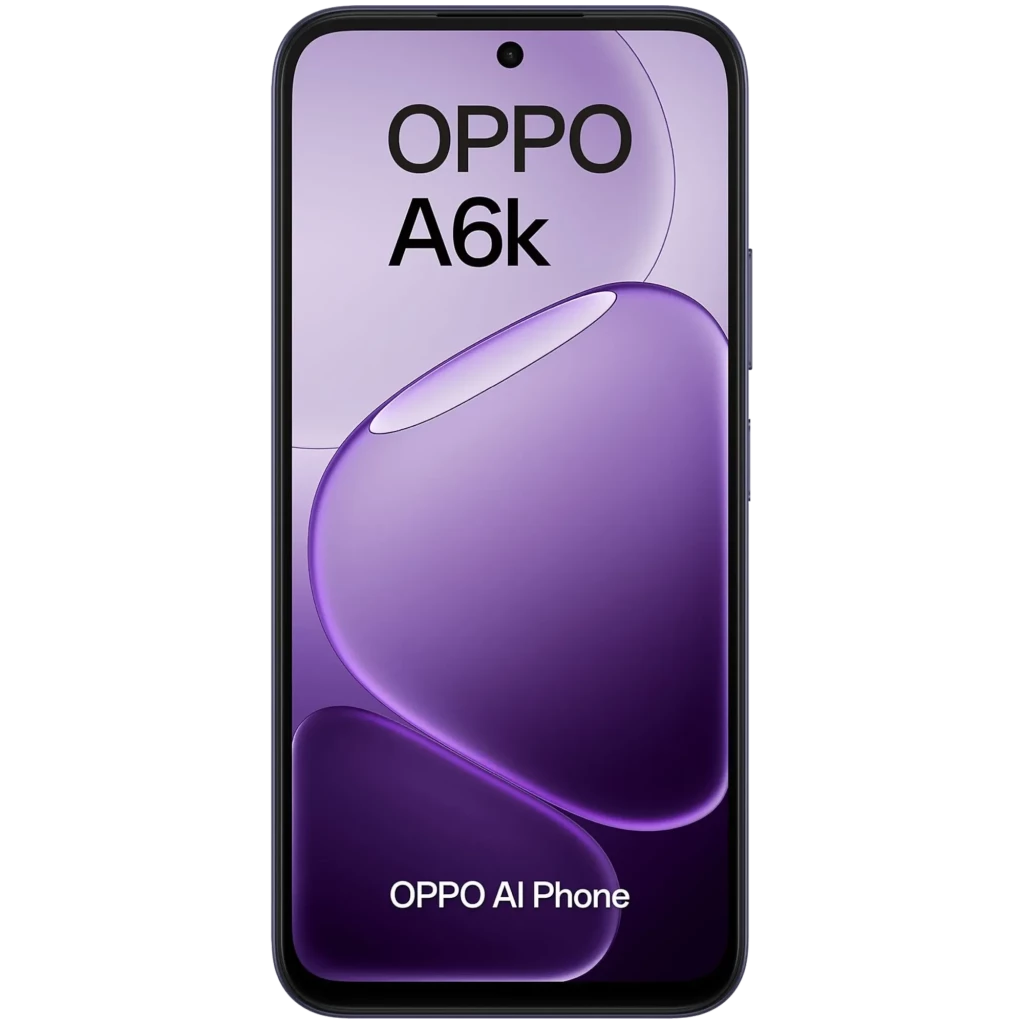 OPPO A6k noir avec écran LCD 6,75 pouces bord fin, double module photo arrière proéminent, façade perforée centrée, design géométrique mat élégant - Ítem1