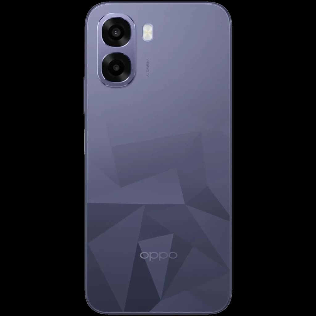 OPPO A6k noir avec dos géométrique mat, double appareil photo vertical avec flash, bords arrondis et logo OPPO discret en bas
