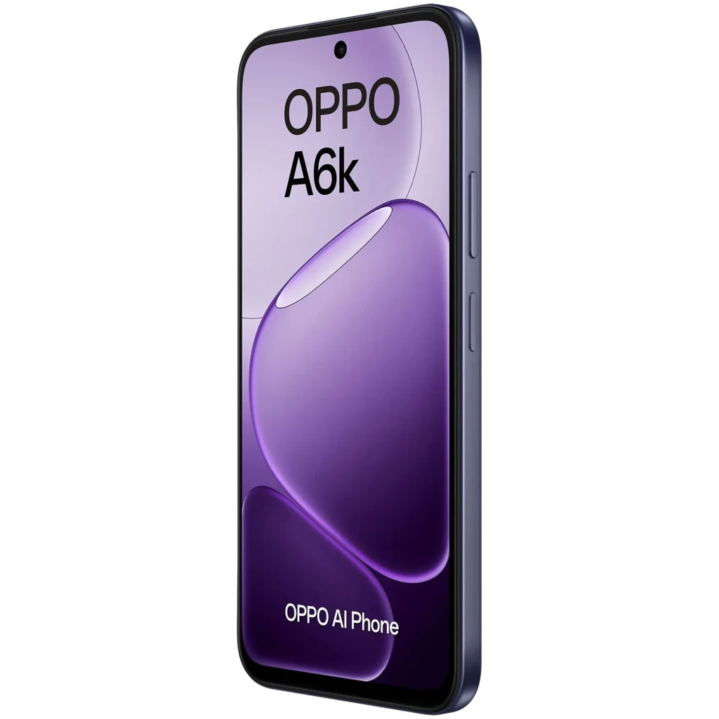 OPPO A6k noir avec écran LCD 6,75 pouces bord fin, double module photo arrière proéminent, façade perforée centrée, design géométrique mat élégant - Ítem3