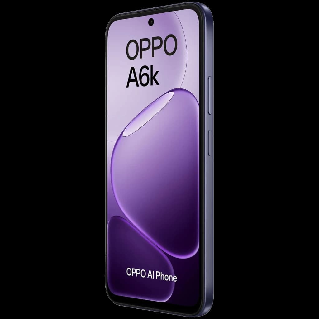 OPPO A6k 256 Go Noir smartphone fin avec écran LCD 6,75 pouces bord à bord, poinçon centré, cadre noir, boutons latéraux discrets, design violet brillant