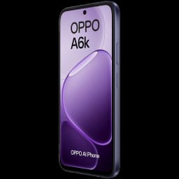 OPPO A6k 256 Go Noir smartphone fin avec écran LCD 6,75 pouces bord à bord, poinçon centré, cadre noir, boutons latéraux discrets, design violet brillant