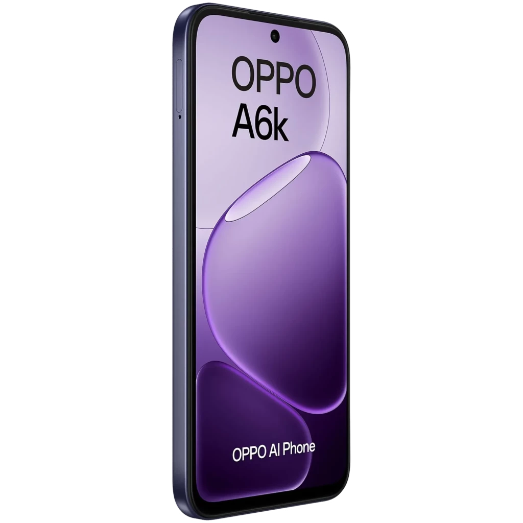 OPPO A6k noir avec écran LCD 6,75 pouces bord fin, double module photo arrière proéminent, façade perforée centrée, design géométrique mat élégant - Ítem4