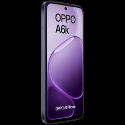 OPPO A6k noir avec grand écran LCD 6,75 pouces à bords fins, poinçon central pour la caméra avant, design mince et reflets violets élégants