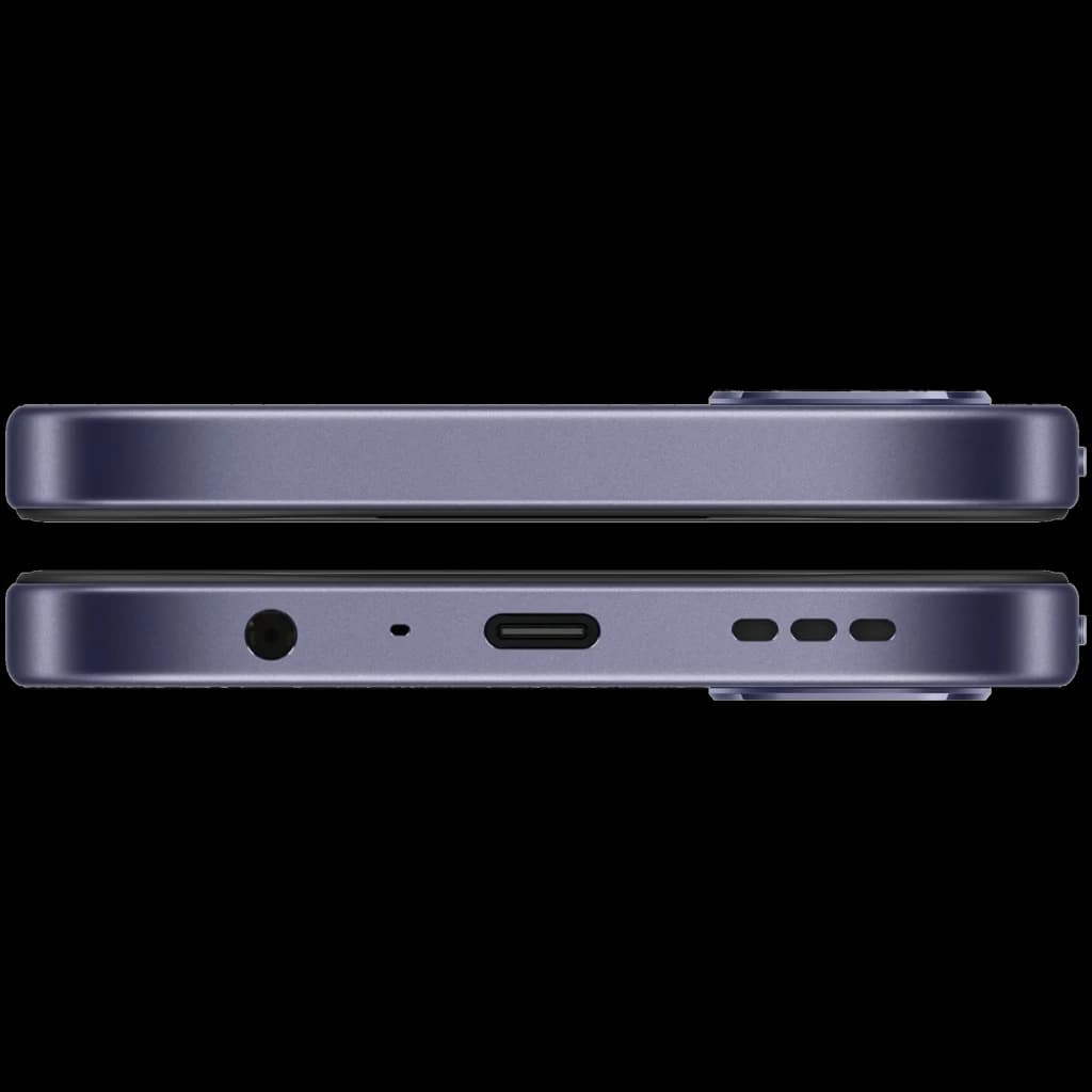 Bords plats couleur noir, port USB-C centré, prise jack 3,5 mm, micro et haut-parleurs ajourés, module photo arrière légèrement proéminent