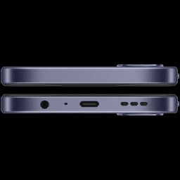 Bords plats couleur noir, port USB-C centré, prise jack 3,5 mm, micro et haut-parleurs ajourés, module photo arrière légèrement proéminent