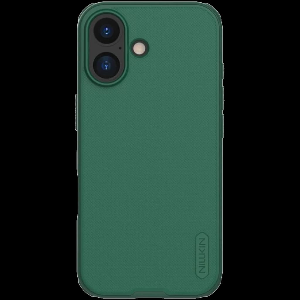 Coque verte foncée texturée pour iPhone 17, dos antidérapant, découpes précises pour double caméra et flash, bords renforcés, logo Nillkin discret