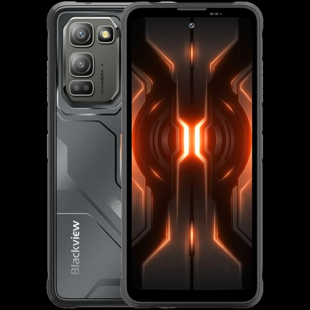 Blackview Fort 5 preto com ecrã frontal aceso em laranja neon e módulo traseiro triplo com 108 MP, design robusto texturizado e laterais reforçadas