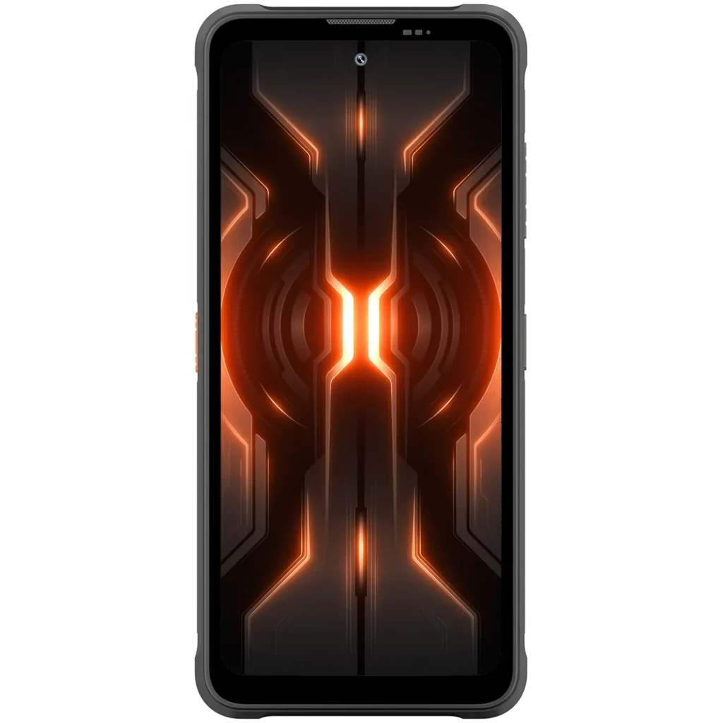 Smartphone Blackview Fort 5 negro con diseño robusto, triple cámara trasera con sensor 108 MP, pantalla con biseles gruesos y detalles luminosos naranjas - Ítem1