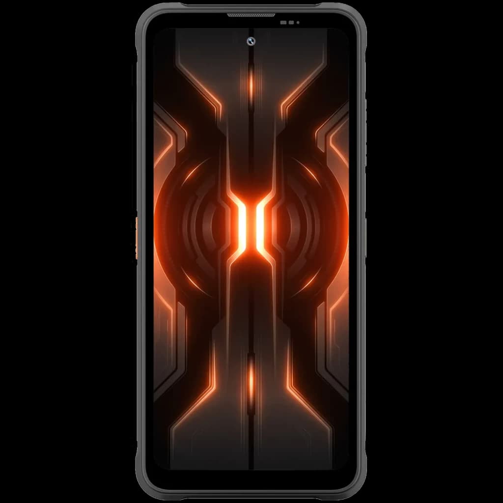 Tela do Blackview Fort 5 com display aceso exibindo padrão futurista laranja e preto, bordas robustas e câmera frontal centralizada no topo