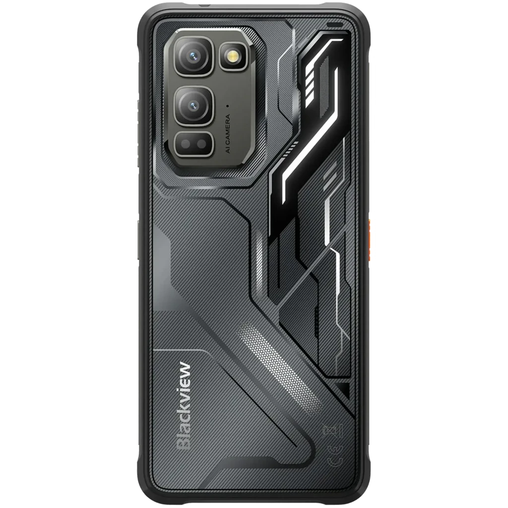 Smartphone Blackview Fort 5 negro con diseño robusto, triple cámara trasera con sensor 108 MP, pantalla con biseles gruesos y detalles luminosos naranjas - Ítem2