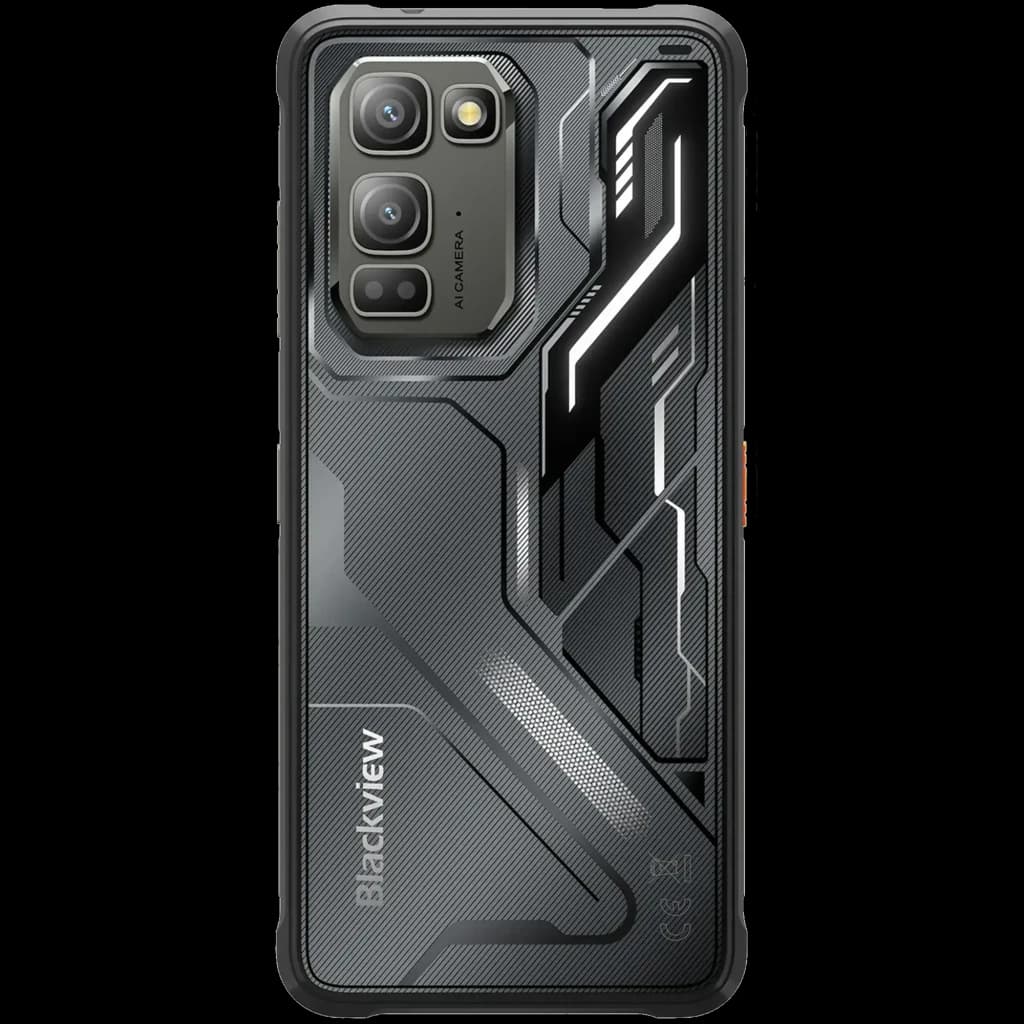 Blackview Fort 5 preto com traseira texturizada futurista e módulo triplo de câmeras 108 MP em destaque; laterais robustas e logotipo Blackview visível