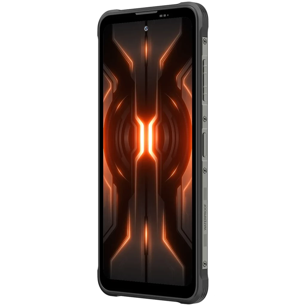 Smartphone Blackview Fort 5 negro con diseño robusto, triple cámara trasera con sensor 108 MP, pantalla con biseles gruesos y detalles luminosos naranjas - Ítem3