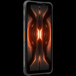 Blackview Fort 5 256 GB preto com tela grande e bordas reforçadas, botão lateral laranja, design robusto e painel frontal com brilho laranja futurista