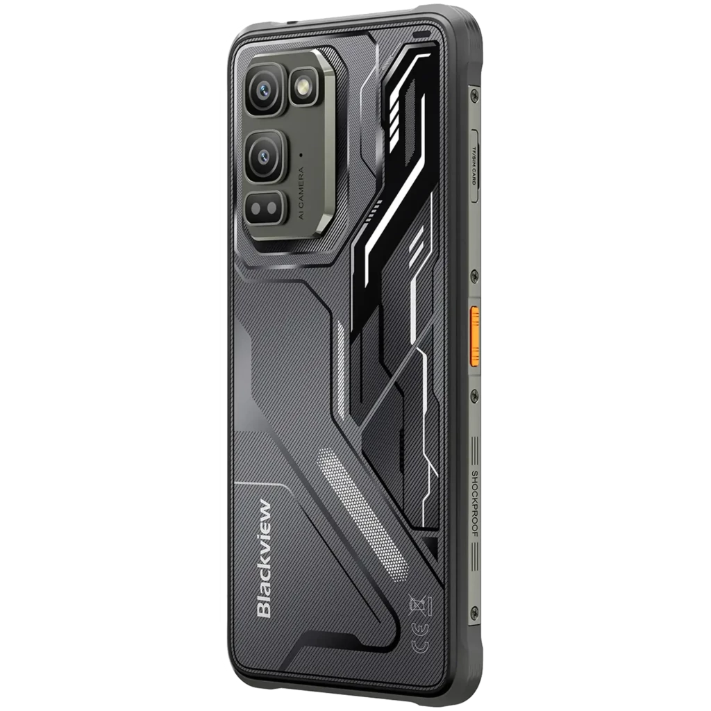 Smartphone Blackview Fort 5 negro con diseño robusto, triple cámara trasera con sensor 108 MP, pantalla con biseles gruesos y detalles luminosos naranjas - Ítem5