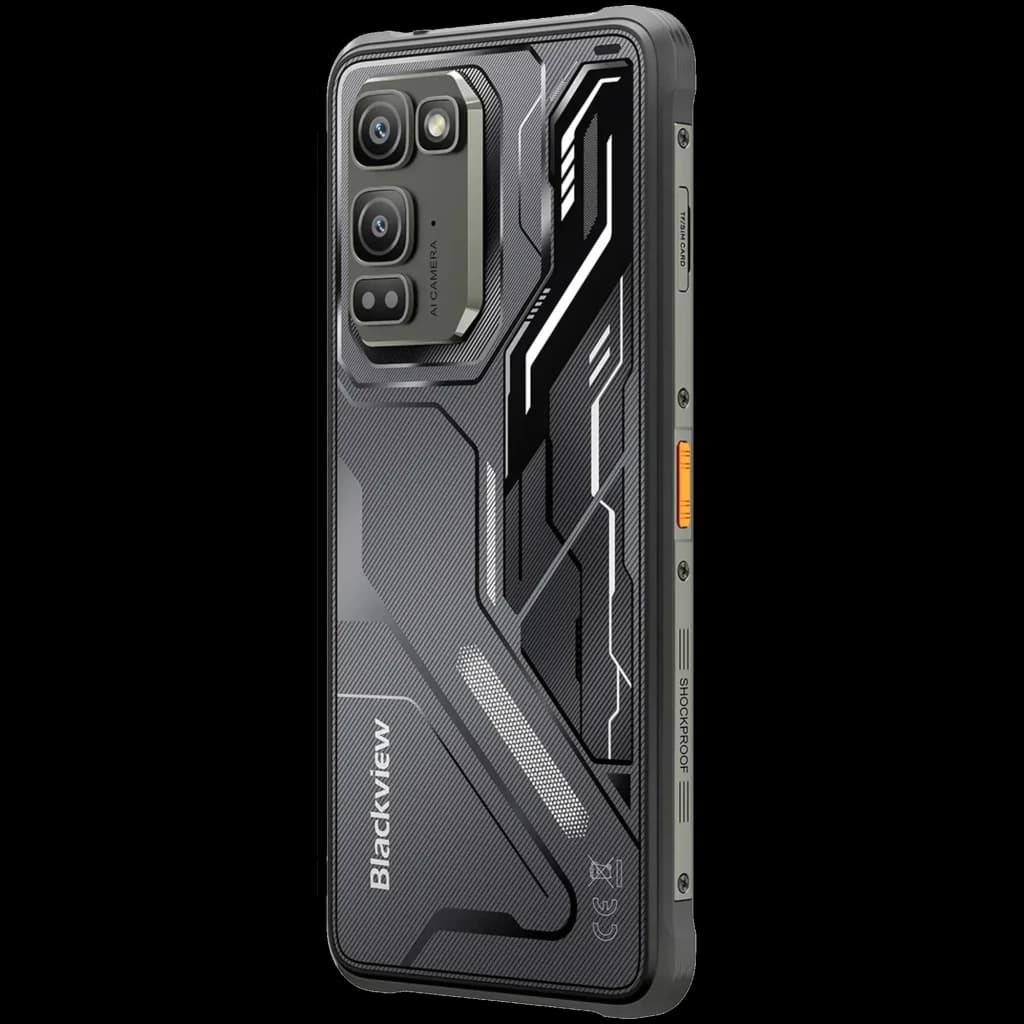 Smartphone Blackview Fort 5 preto robusto, traseira texturizada, módulo triplo de câmeras com 108 MP, laterais reforçadas com botões laranja e acabamento
