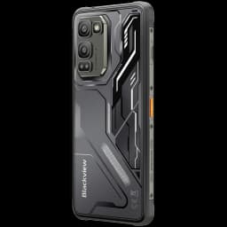 Smartphone Blackview Fort 5 preto robusto, traseira texturizada, módulo triplo de câmeras com 108 MP, laterais reforçadas com botões laranja e acabamento