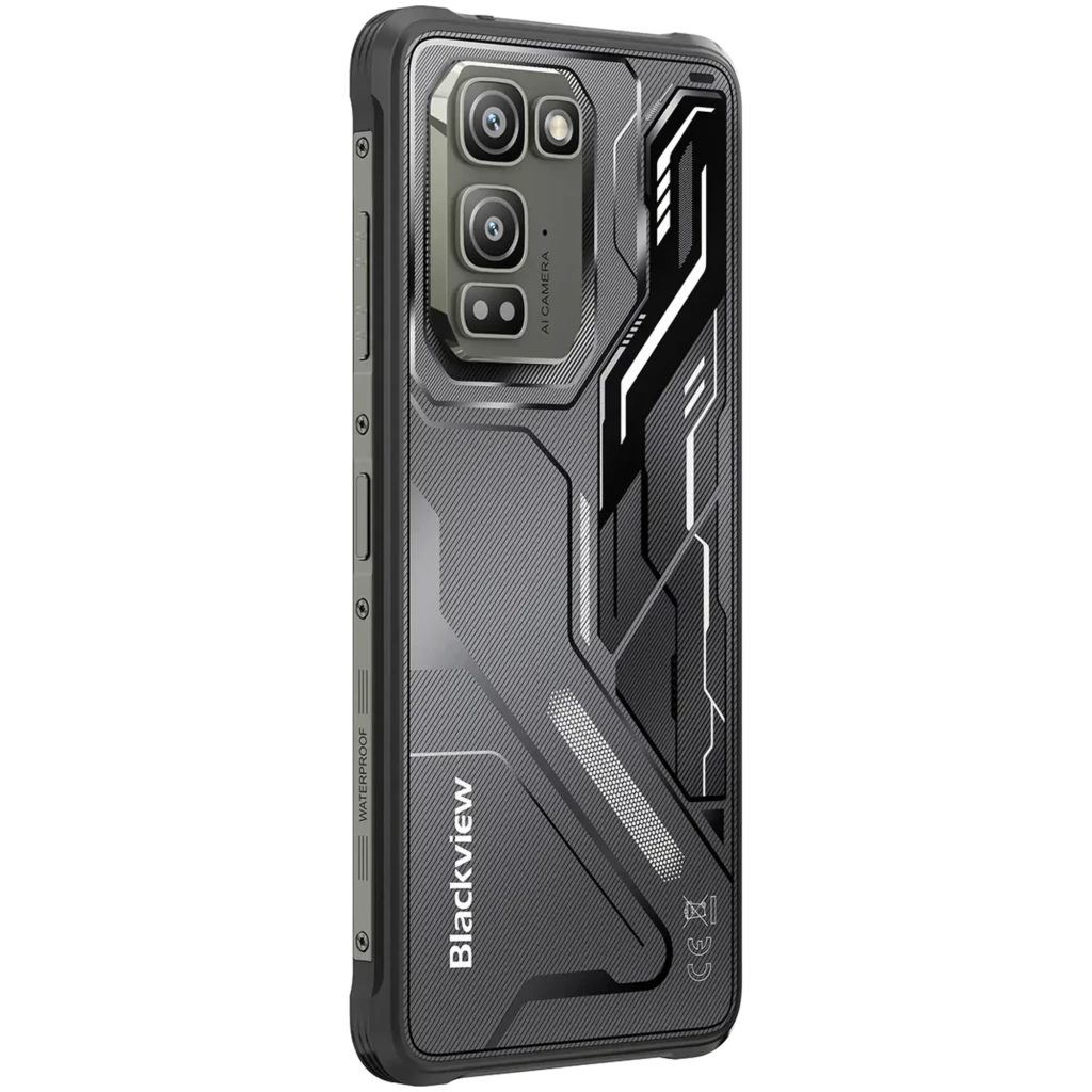 Smartphone Blackview Fort 5 negro con diseño robusto, triple cámara trasera con sensor 108 MP, pantalla con biseles gruesos y detalles luminosos naranjas - Ítem6