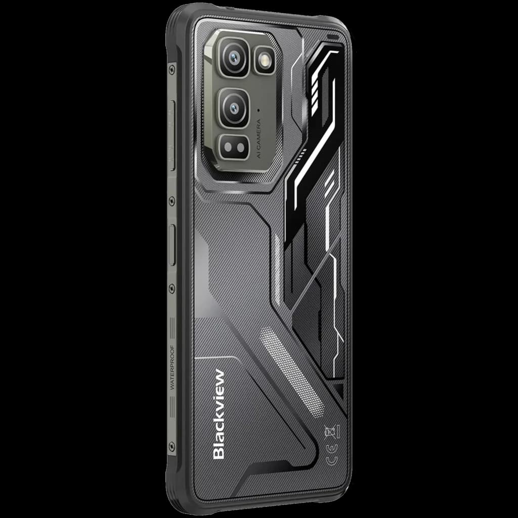 Capa traseira do Blackview Fort 5 preta com design robusto, módulo de câmera tripla 108 MP destacado, laterais reforçadas e textura geométrica