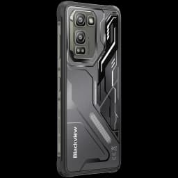 Capa traseira do Blackview Fort 5 preta com design robusto, módulo de câmera tripla 108 MP destacado, laterais reforçadas e textura geométrica