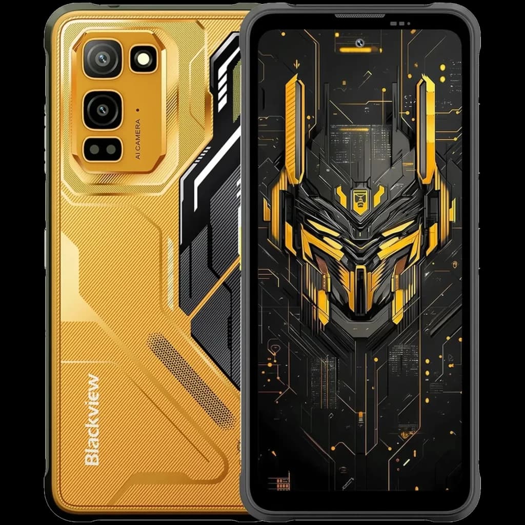 Blackview Fort 5 amarelo robusto com traseira texturizada e módulo de câmera tripla; frontal com ecrã FullHD+ e arte futurista em preto e dourado