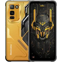 Blackview Fort 5 amarelo robusto com traseira texturizada e módulo de câmera tripla; frontal com ecrã FullHD+ e arte futurista em preto e dourado