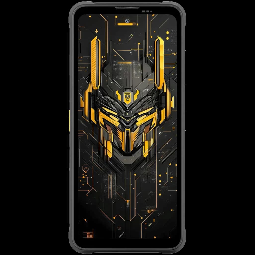 Blackview Fort 5 amarillo con pantalla FullHD+ sin marcos notables, frontal con diseño futurista negro y detalles dorados, cámara frontal centrada