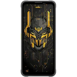 Blackview Fort 5 amarelo com ecrã FullHD+ aceso exibindo grafismo futurista preto e dourado; moldura robusta e câmaras frontais centradas