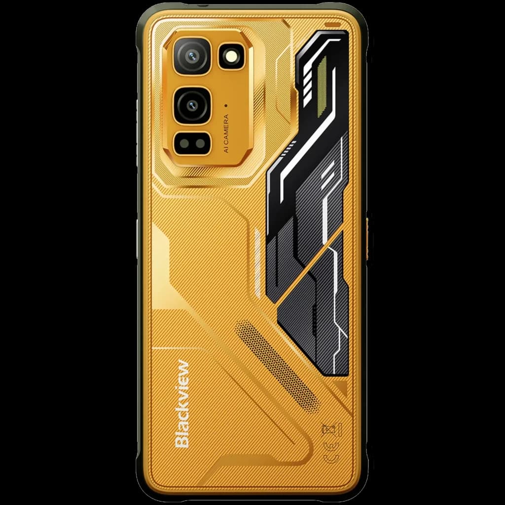 Blackview Fort 5 amarillo con tapa trasera robusta y textura geométrica, triple cámara trasera con módulo rectangular y detalles gráficos en negro y plata