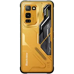 Blackview Fort 5 amarelo com tampa traseira texturizada, módulo de câmera tripla em destaque e design gráfico angular em preto e cinza