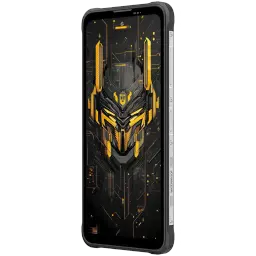 Blackview Fort 5 amarelo com ecrã FullHD+ grande, laterais robustas cinza e botões visíveis; design frontal com padrão tecnológico em preto e amarelo