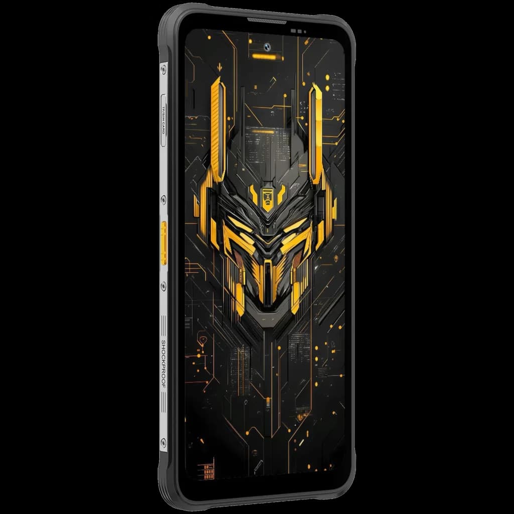 Smartphone Blackview Fort 5 amarillo con pantalla FullHD+, marco reforzado gris, botones laterales rugerizados y diseño frontal tecnológico en negro y