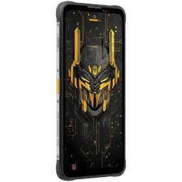 Blackview Fort 5 amarelo com ecrã FullHD+ amplo, moldura robusta cinza e botões laterais destacados; design frontal com gráfico tecnológico em tons dourados