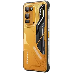 Smartphone Blackview Fort 5 amarelo robusto, traseira texturizada com padrão geométrico, três câmeras com flash, botões laterais prateados e detalhes em